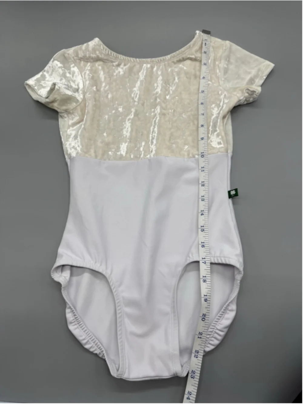 Luckyleo Dancewear Women's Short Sleeve White Velvet Accent Leotard